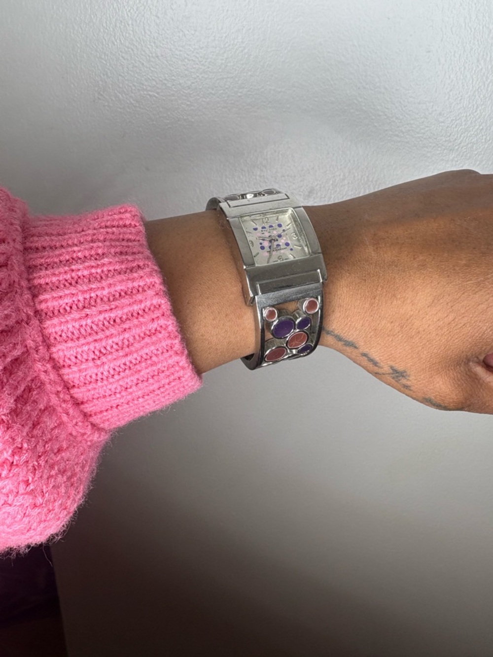 Silver Bracelet Watch with Purple and Pink Accents